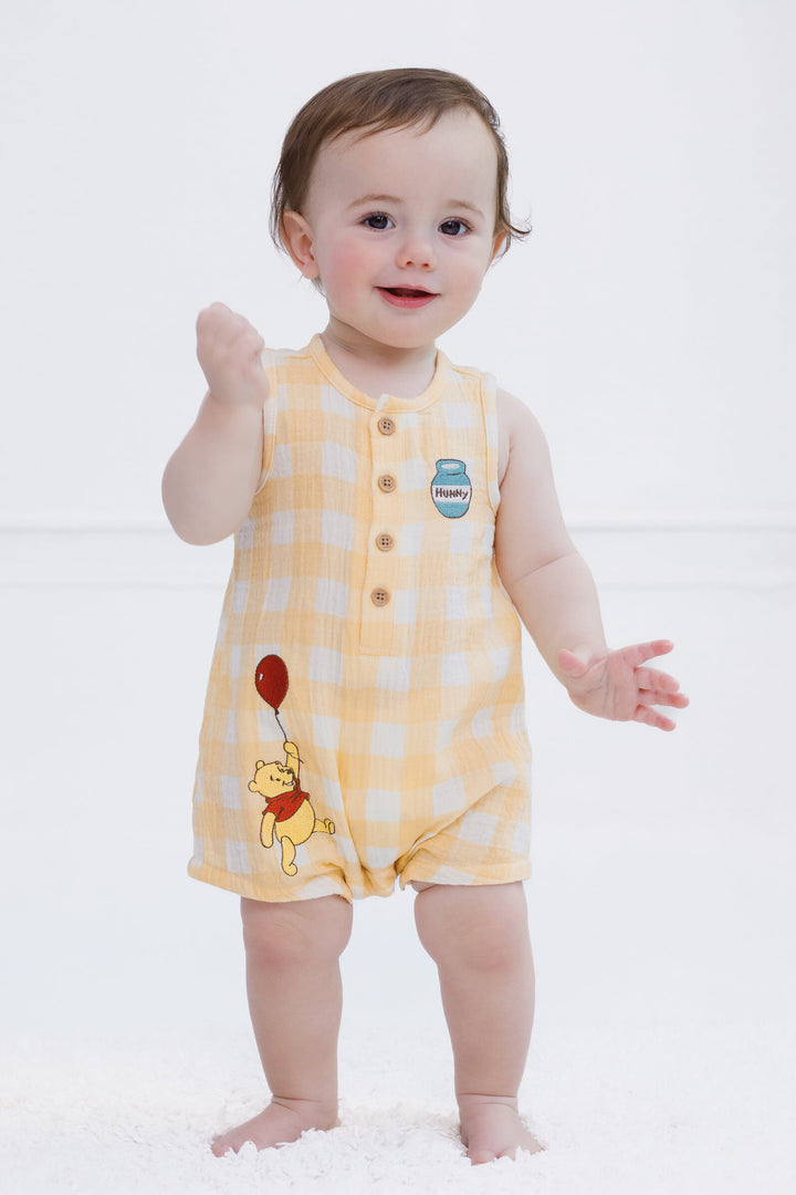 Disney Winnie the Pooh Baby Boys' Cotton Gauze Sleeveless Shorty Romper Tan