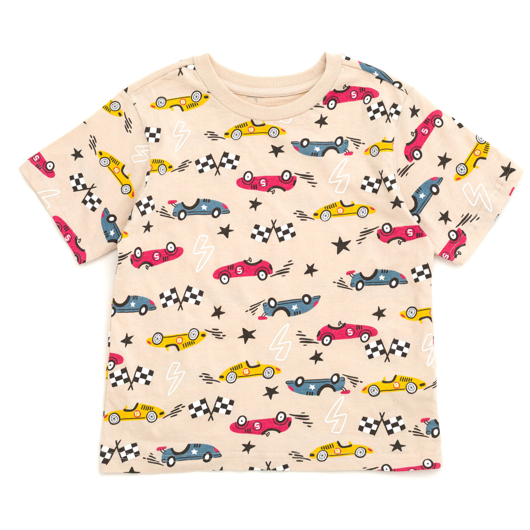 Funstuff Boys' Athletic 2-Piece T-Shirt and Shorts Set Race Car Beige Red