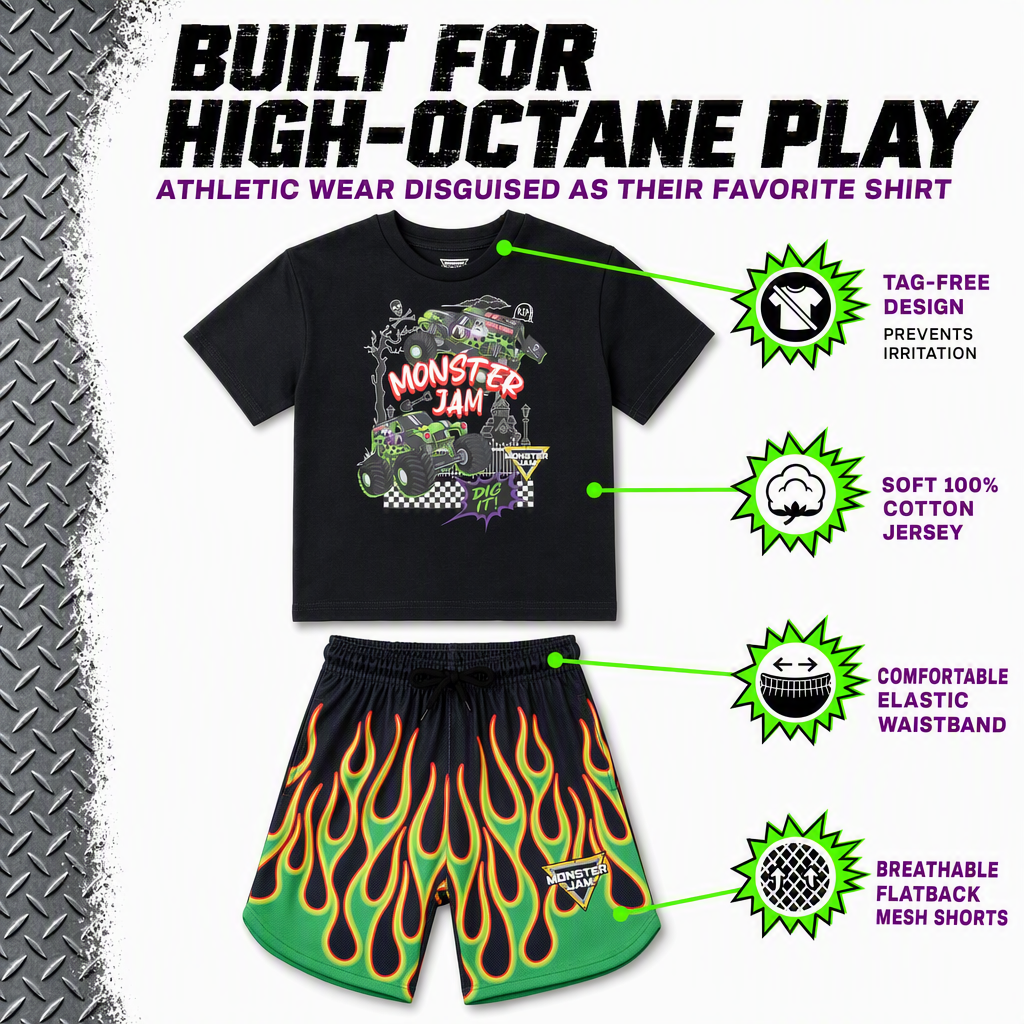 Monster Jam Grave Digger Athletic 2-Piece T-Shirt and Mesh Shorts Set Flames