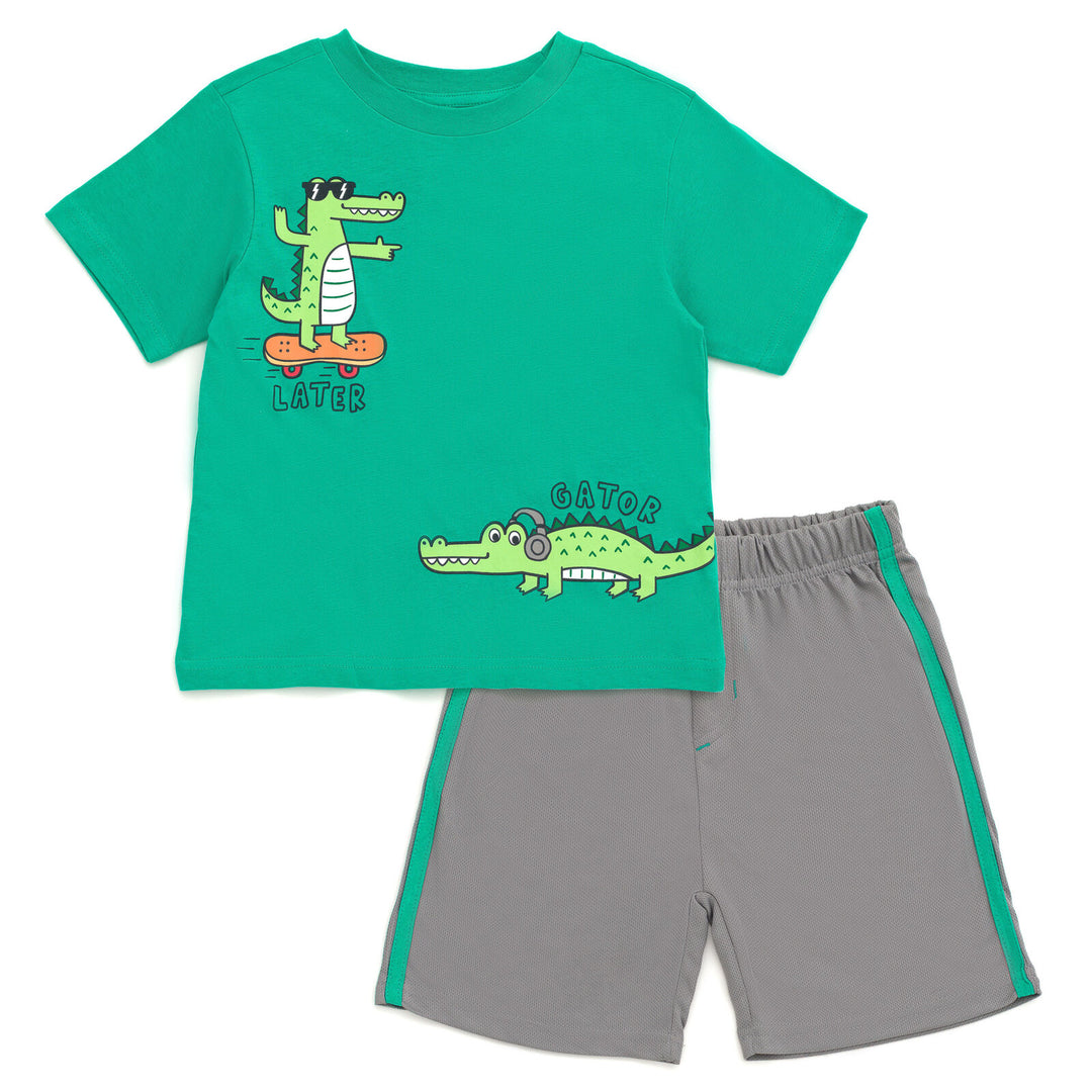 Funstuff Boys' Athletic 2-Piece T-Shirt and Shorts Set Later Gator Green Gray
