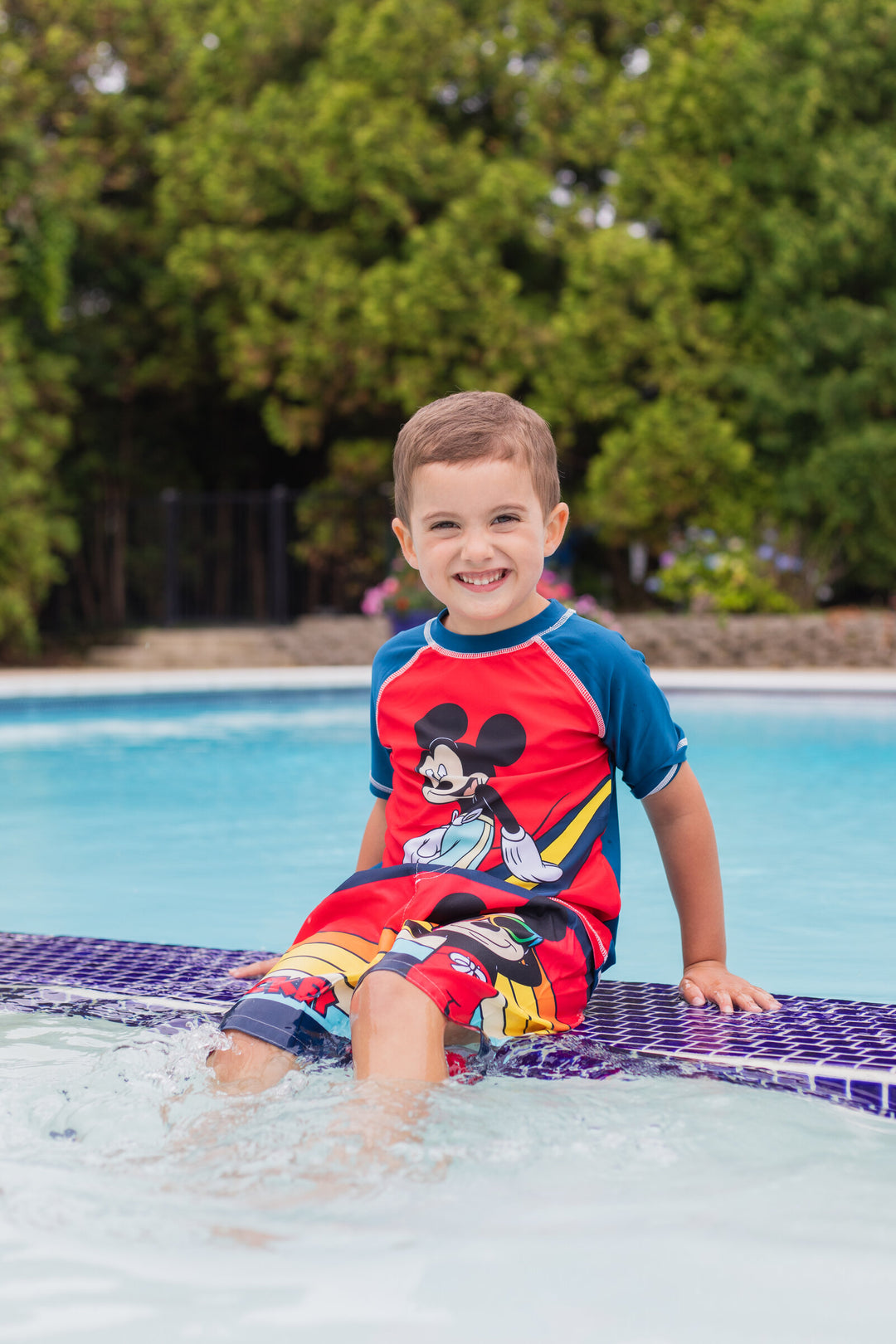 Disney Mickey Mouse Boys' 2-Piece Rash Guard and Swim Trunks Set Red Multi