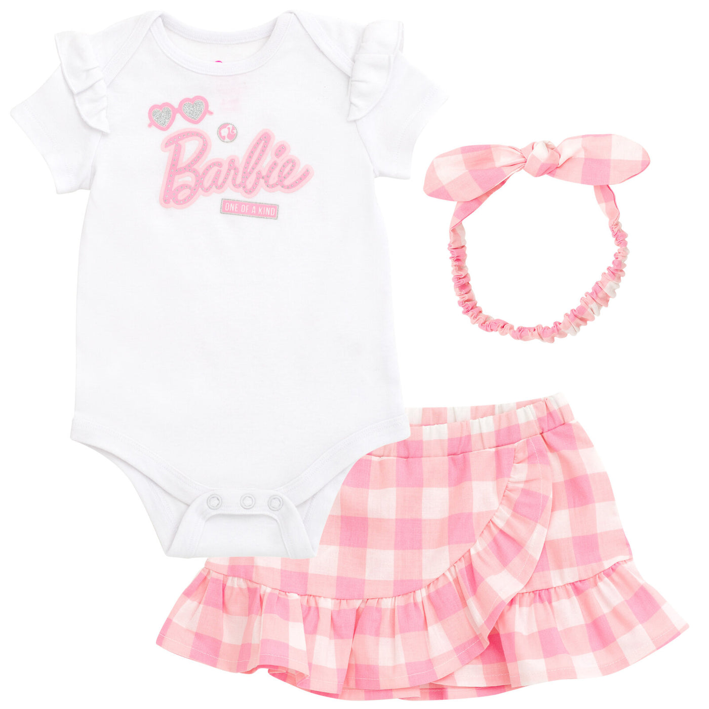 Barbie Baby Girls Bodysuit Ruffle Skirt and Bow Headband 3 Piece Outfit Set Newborn to Toddler