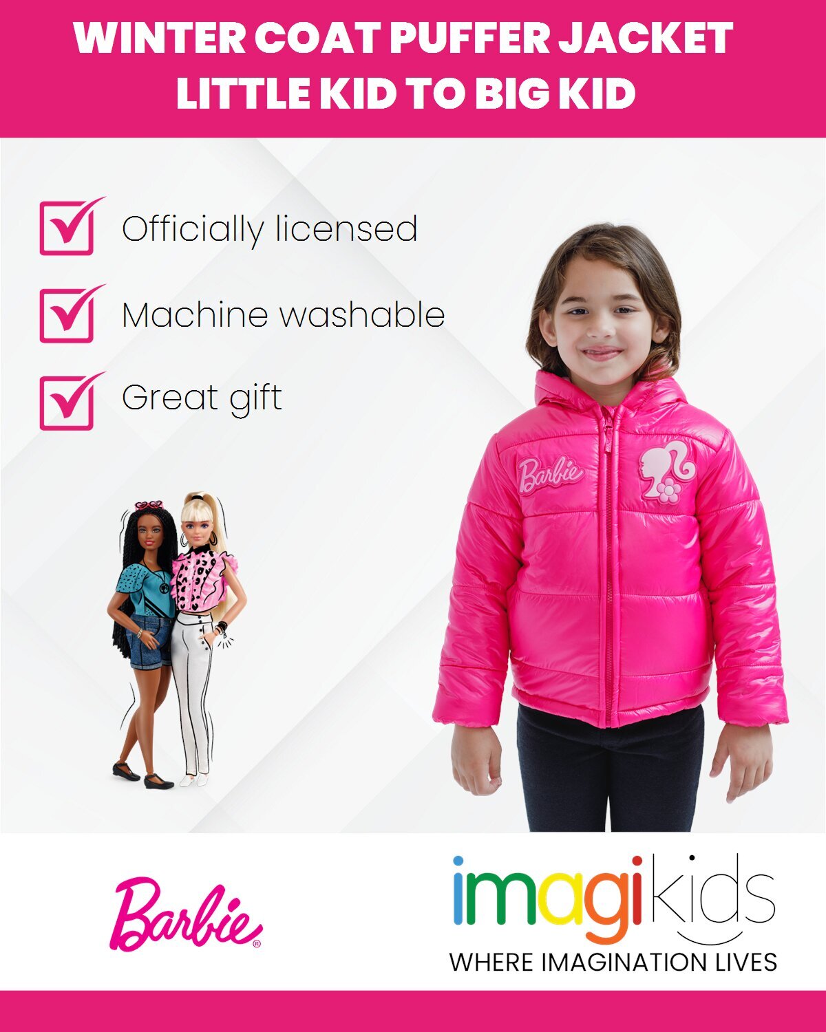 Barbie Zip Up Winter Coat Puffer Jacket