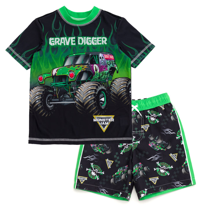 Monster Jam Grave Digger UPF 50+ 2-Piece Rash Guard and Swim Trunks Set Black