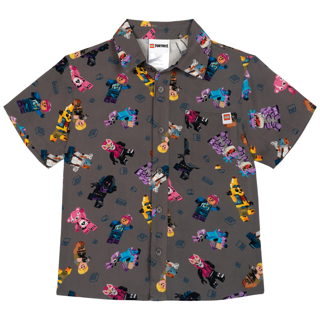 LEGO Fortnite Boys' Short Sleeve Button Down Shirt Cool Gray