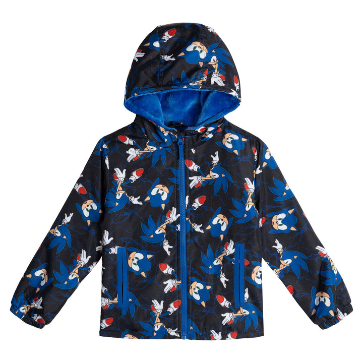 SEGA Sonic the Hedgehog Boys' Hooded Zip-Up Rain Jacket Black Blue
