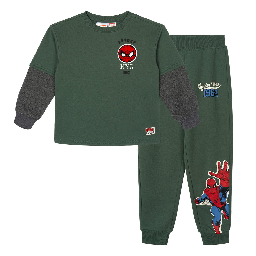 Marvel Comics Boys' Fleece 2-Piece Sweatshirt and Pants Set Spider Man Green