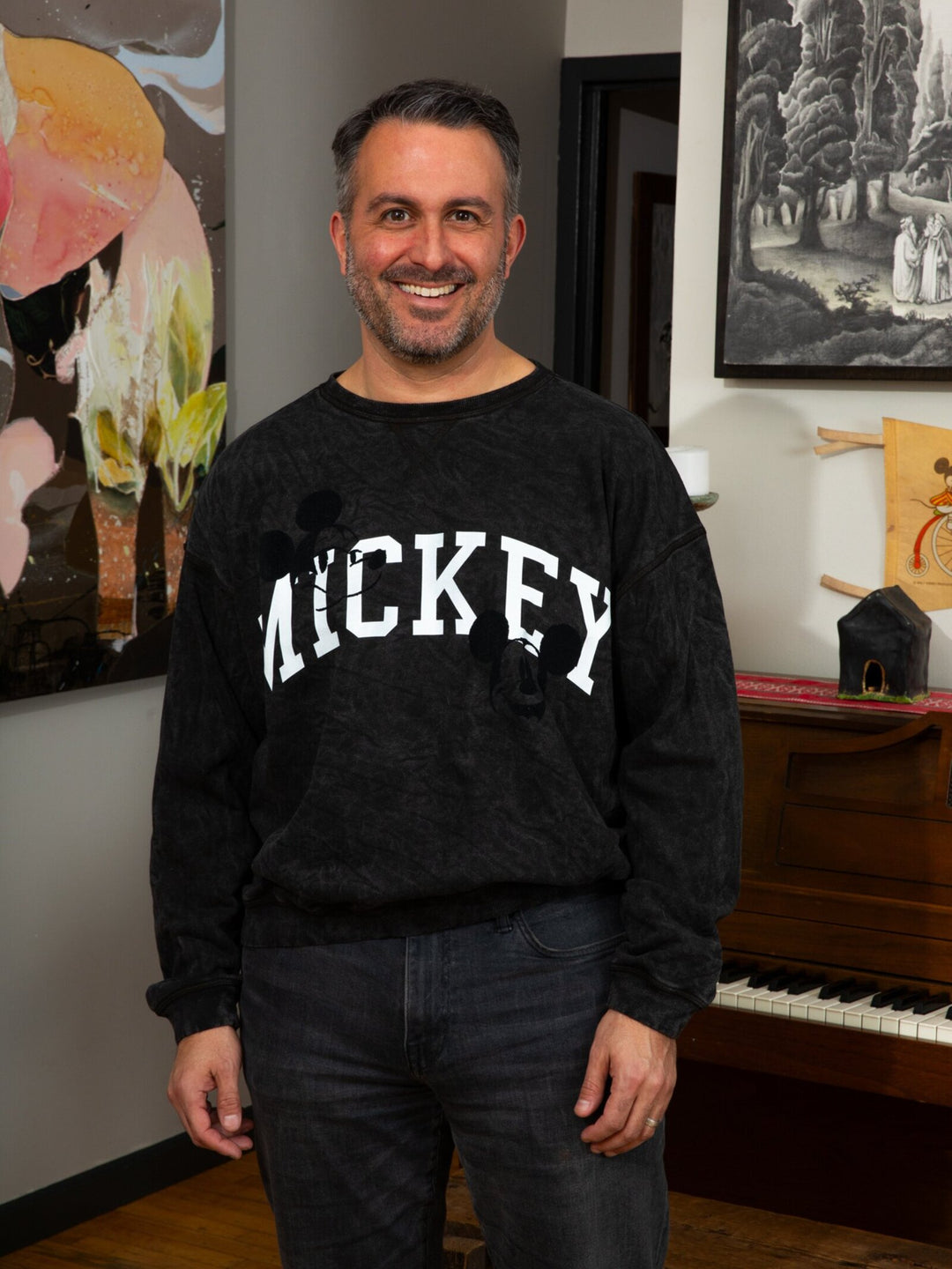 Disney Mickey Mouse Mineral Wash French Terry Pullover Sweatshirt Washed Black
