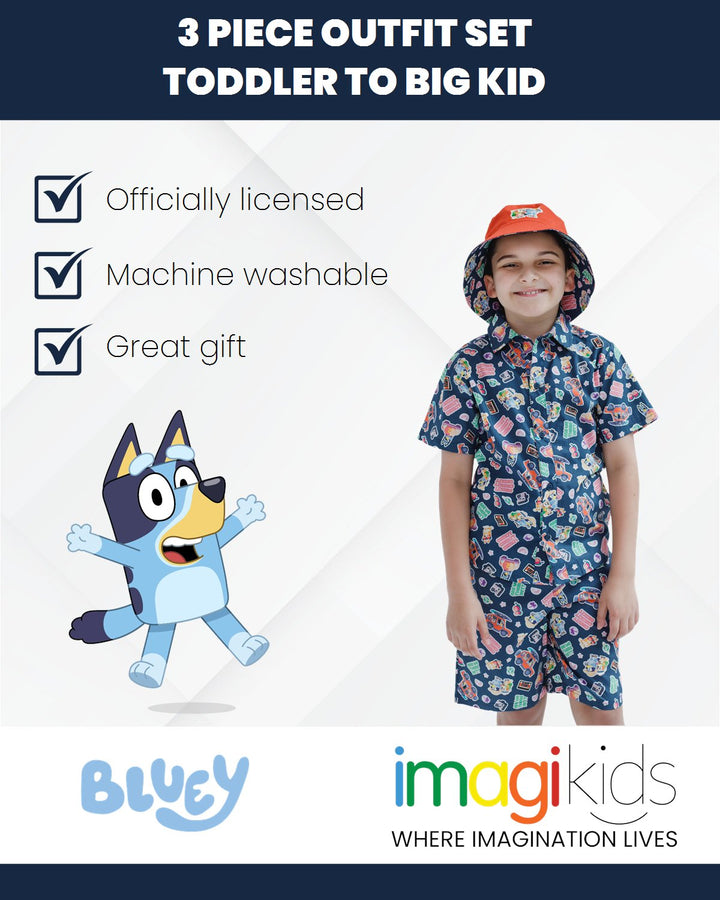 Bluey Button Down Shirt Shorts and Bucket Sun Hat 3 Piece Outfit Set - imagikids