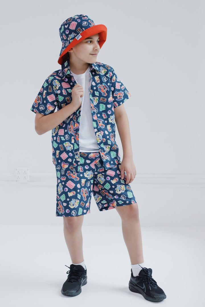 Bluey Button Down Shirt Shorts and Bucket Sun Hat 3 Piece Outfit Set - imagikids