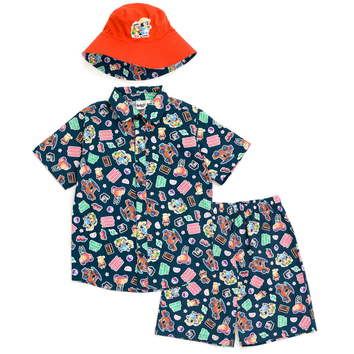 Bluey Button Down Shirt Shorts and Bucket Sun Hat 3 Piece Outfit Set