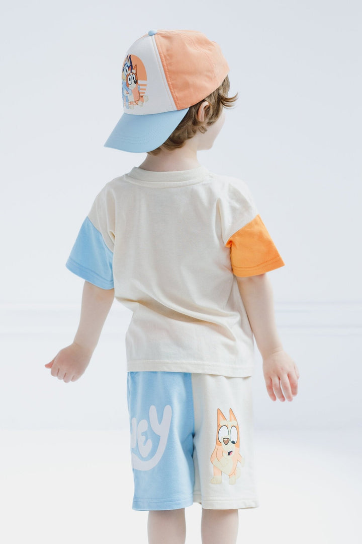 Bluey Drop Shoulder T - Shirt French Terry Shorts and Adjustable Snapback Baseball Cap 3 Piece Outfit Set - imagikids