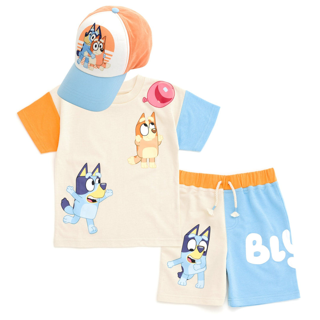 Bluey Drop Shoulder T - Shirt French Terry Shorts and Adjustable Snapback Baseball Cap 3 Piece Outfit Set - imagikids