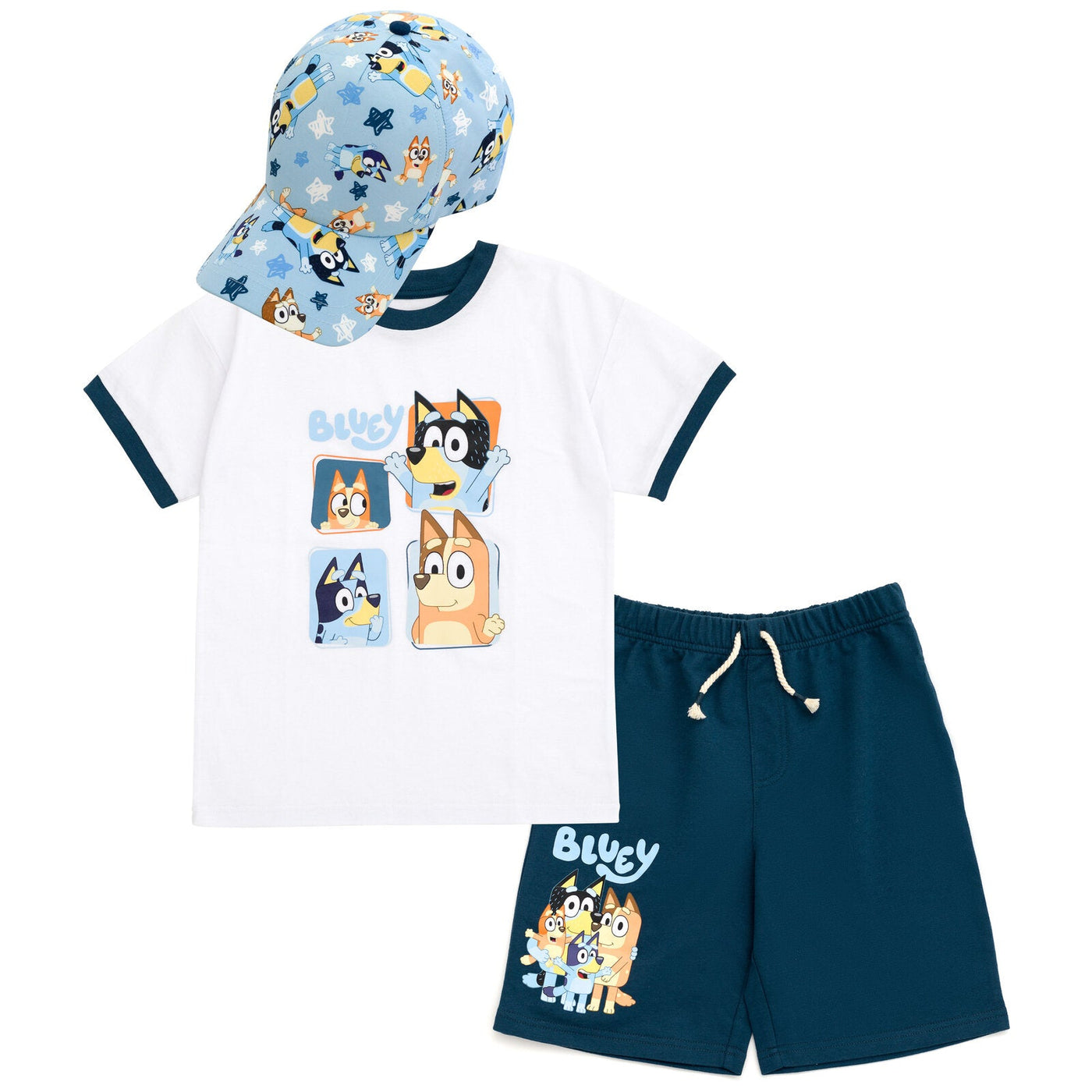 Bluey Drop Shoulder T-Shirt French Terry Shorts and Adjustable Snapback Baseball Cap 3 Piece Outfit Set - imagikids