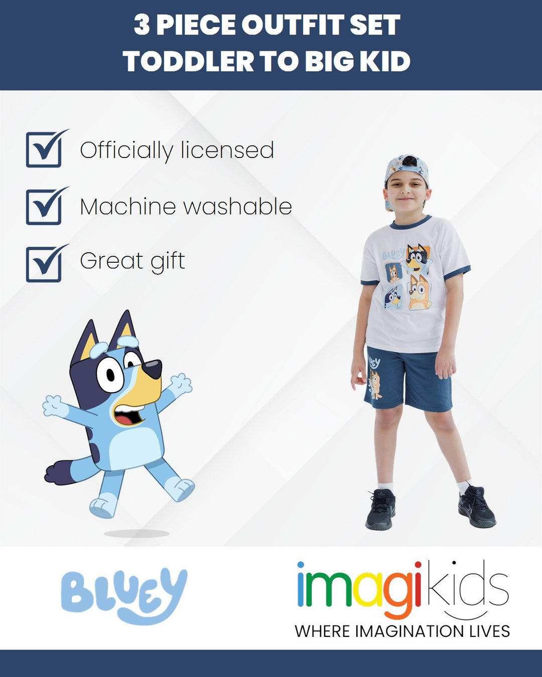 Bluey Drop Shoulder T - Shirt French Terry Shorts and Adjustable Snapback Baseball Cap 3 Piece Outfit Set - imagikids