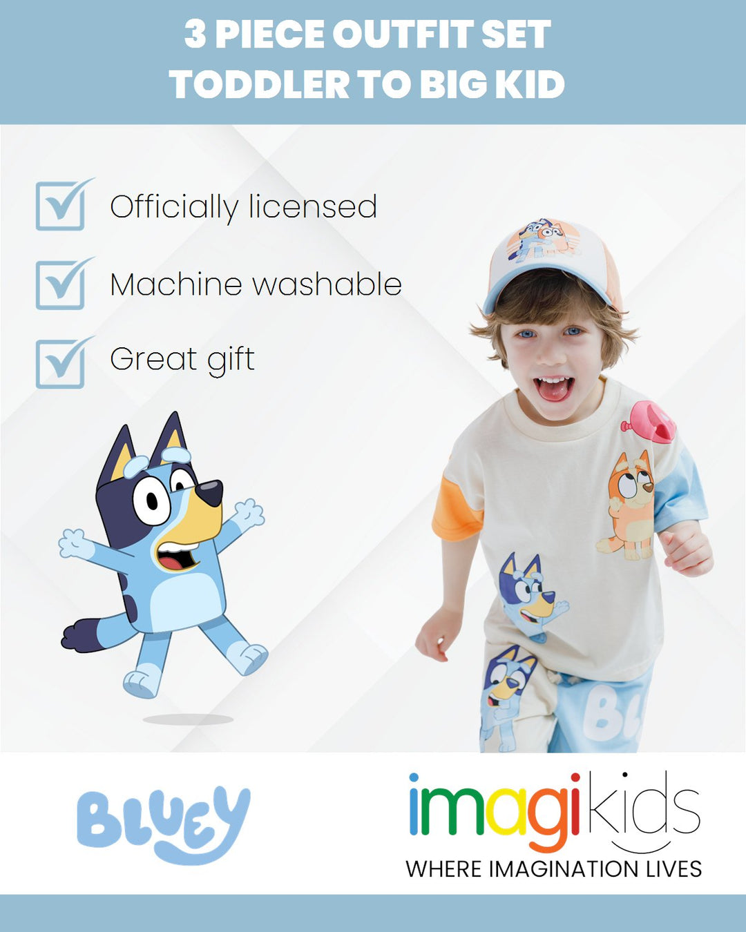 Bluey Drop Shoulder T - Shirt French Terry Shorts and Adjustable Snapback Baseball Cap 3 Piece Outfit Set - imagikids