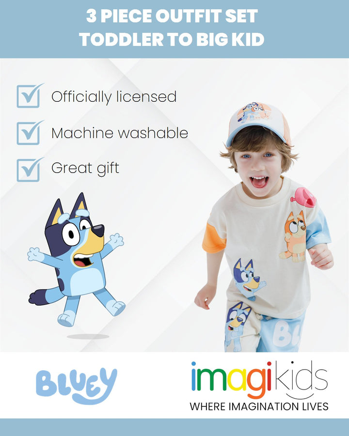 Bluey Drop Shoulder T - Shirt French Terry Shorts and Adjustable Snapback Baseball Cap 3 Piece Outfit Set - imagikids