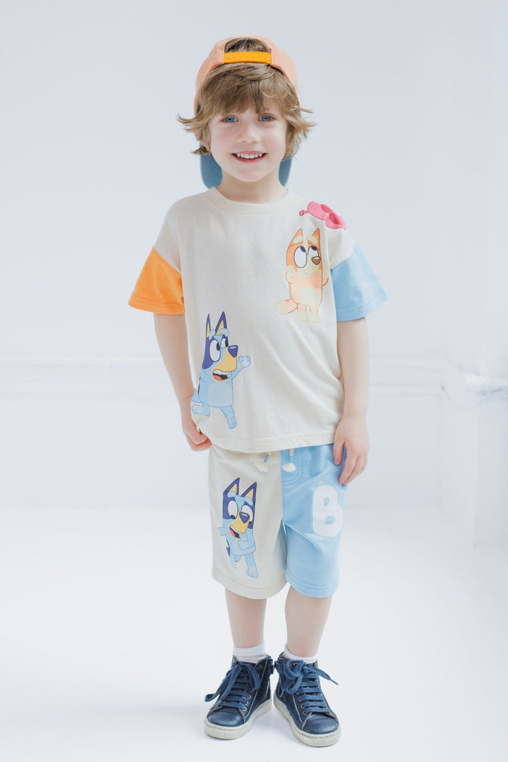 Bluey Drop Shoulder T - Shirt French Terry Shorts and Adjustable Snapback Baseball Cap 3 Piece Outfit Set - imagikids