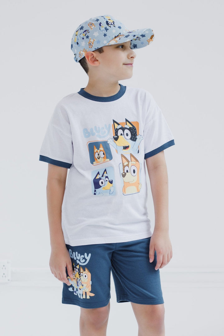 Bluey Drop Shoulder T - Shirt French Terry Shorts and Adjustable Snapback Baseball Cap 3 Piece Outfit Set - imagikids