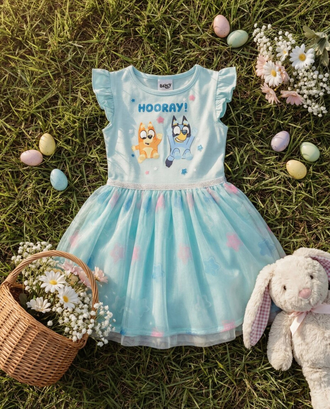 Bluey Girls Hooray Tutu Dress - Aqua Glitter Skirt Party Dress with Ruffle Sleeves Bluey Girls Hooray Tutu Dress - Aqua Glitter Skirt Party Dress with Ruffle Sleeves