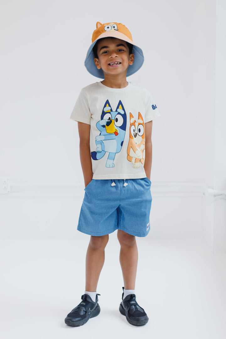 Bluey T-Shirt Chambray Shorts and Twill Bucket Sun Hat 3 Piece Outfit Set