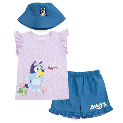 Bluey Tank Top Chambray Shorts and Bucket Sun Hat 3 Piece Outfit Set - imagikids