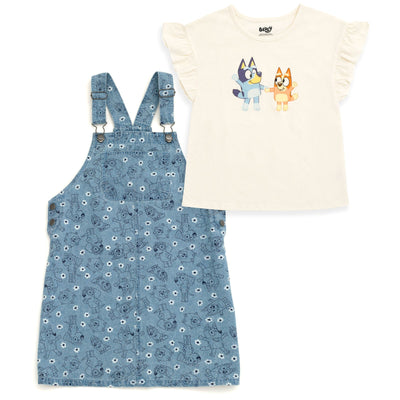 Bluey Vintage Wash Denim Overall Dress and T - Shirt Outfit Set - imagikids