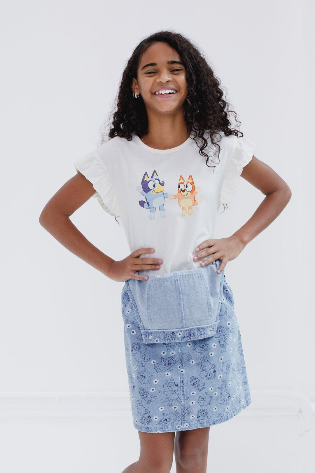 Bluey Vintage Wash Denim Overall Dress and T - Shirt Outfit Set - imagikids