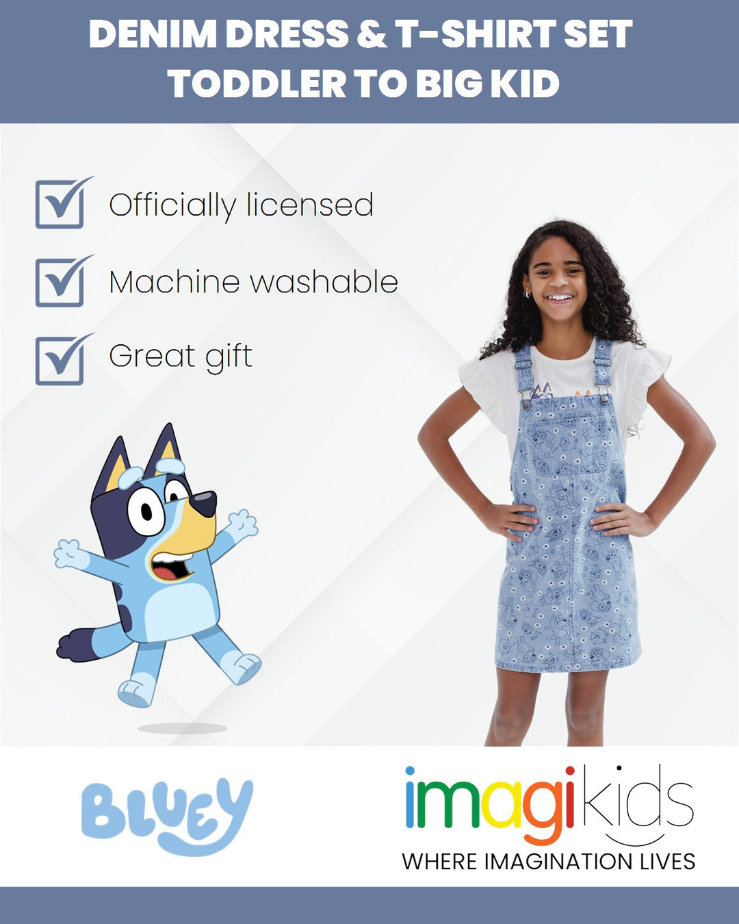 Bluey Vintage Wash Denim Overall Dress and T - Shirt Outfit Set - imagikids