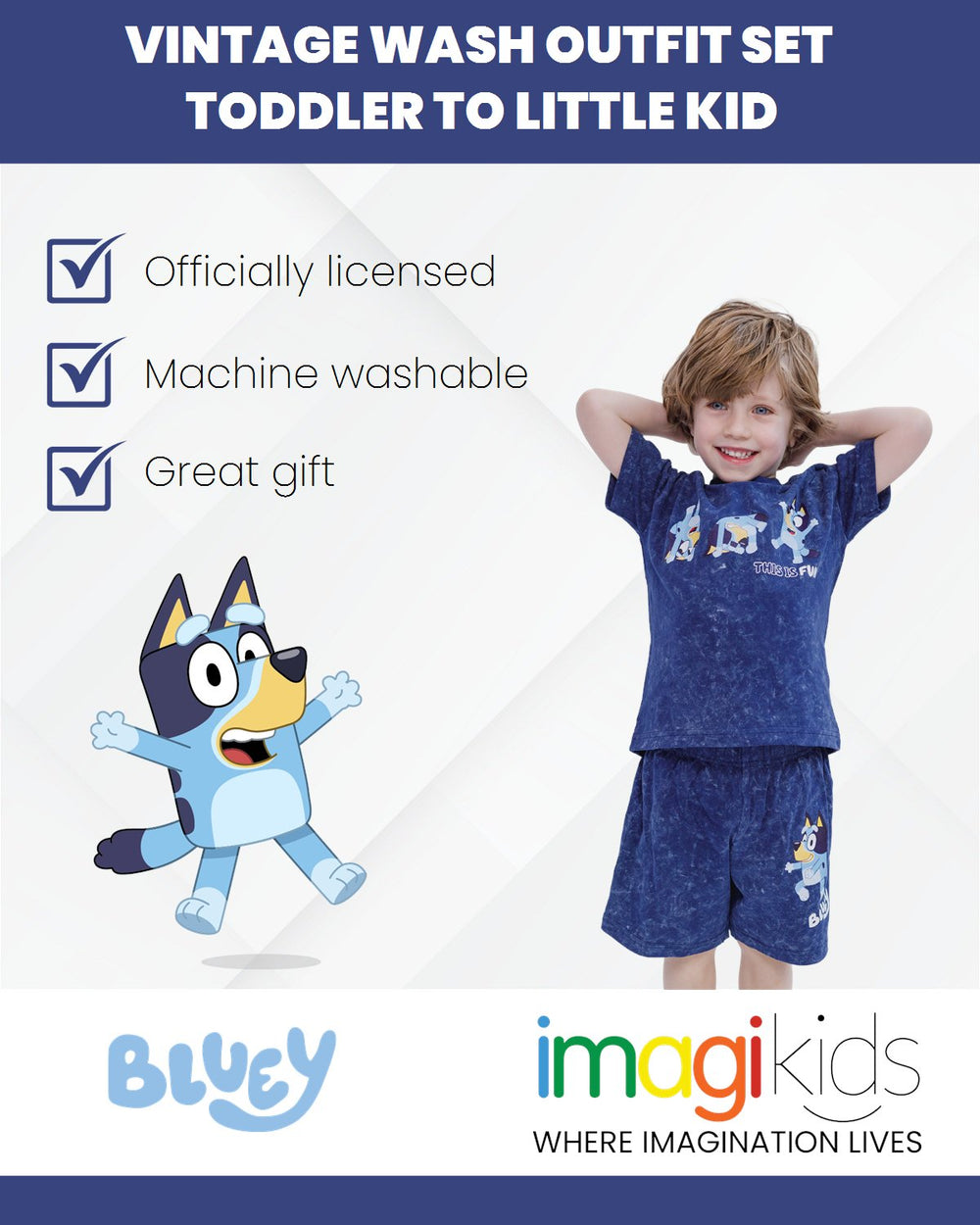 Bluey Vintage Wash Drop Shoulder T-Shirt and Shorts Outfit Set - imagikids
