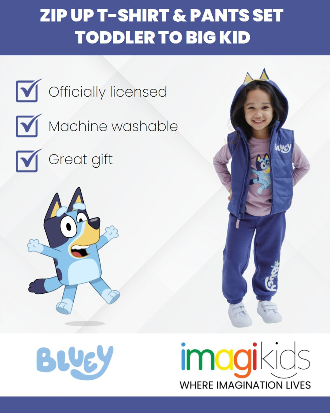 Bluey Zip Up T - Shirt and Jogger Fleece Pants 3 Piece - imagikids