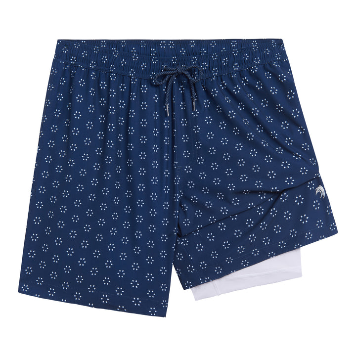 Dreamwave Men's 2-Pack Compression Liner Swim Trunks with Phone Pocket 7 inch Inseam Anti Chafing Navy Blue Floral