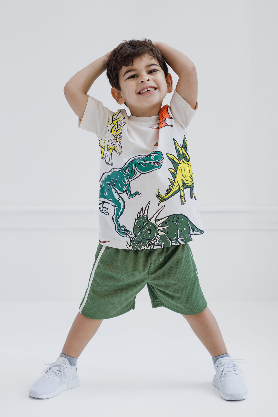 Funstuff Boys' Athletic 2-Piece T-Shirt and Shorts Set Dinosaur Beige Green