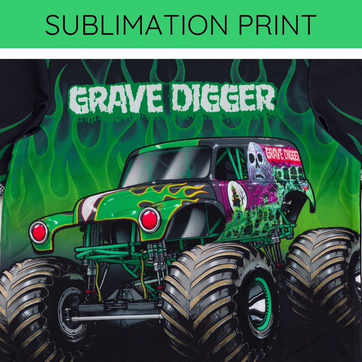 Monster Jam Grave Digger UPF 50+ 2-Piece Rash Guard and Swim Trunks Set Black