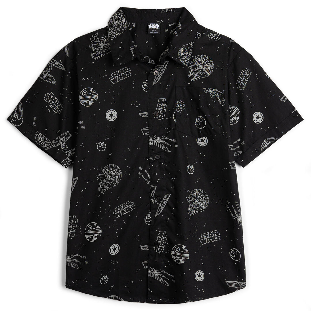 Star Wars Boys' Short Sleeve Button-Down Shirt Space Black