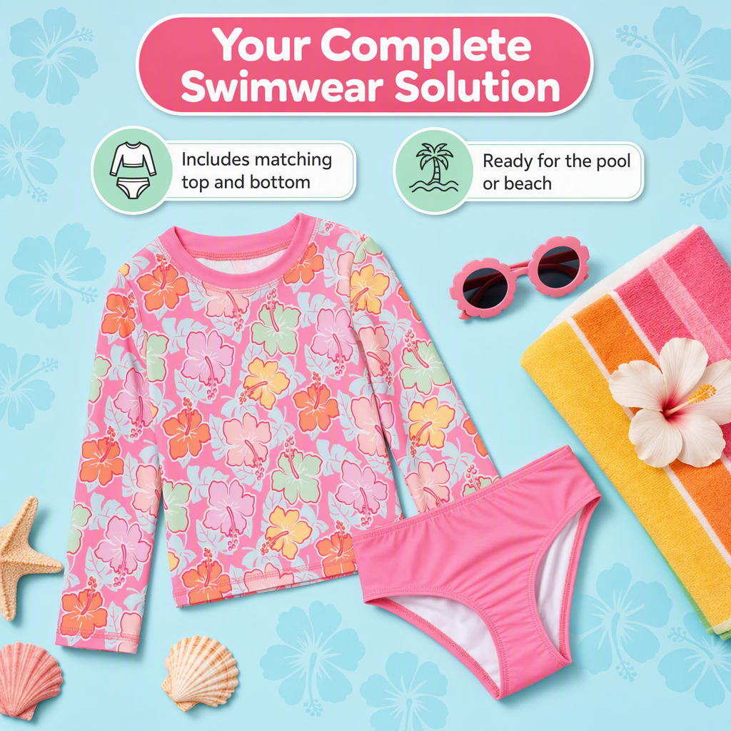 Dreamwave Girls' 2-Piece Swimwear Rash Guard and Bikini Set Hibiscus Pink