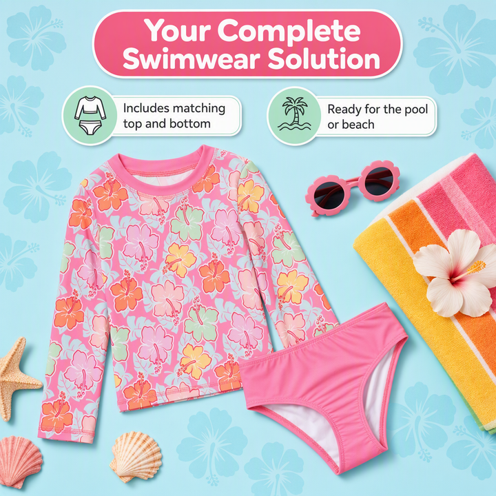 Dreamwave Girls' 2-Piece Swimwear Rash Guard and Bikini Set Hibiscus Pink