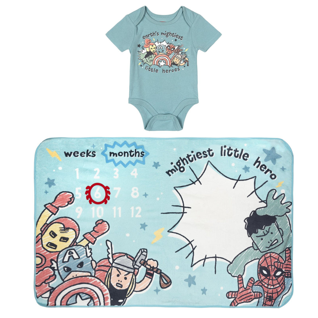 Marvel Avengers Baby Boy or Girl Bodysuit and Blanket Gift Set Slate Blue