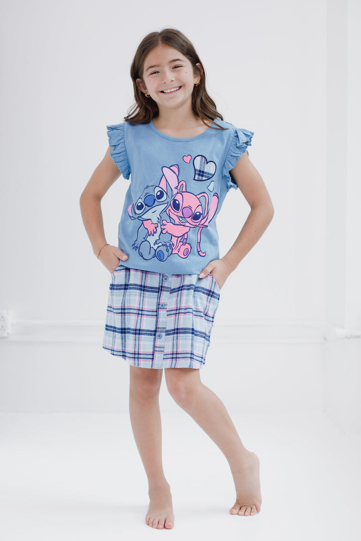 Lilo & Stitch Girls' 2-Piece T-Shirt and Plaid Skirt Set Blue Angel