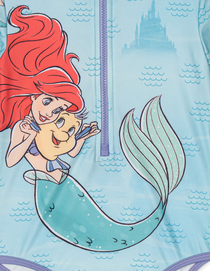 The Little Mermaid Princess Ariel Girls' Zip-Up One Piece Swimsuit Light Blue