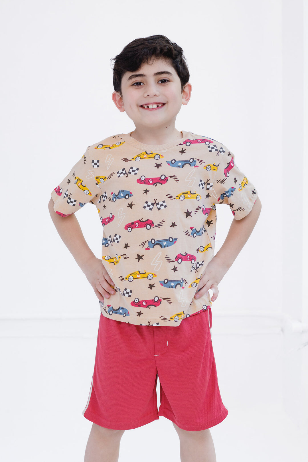 Funstuff Boys' Athletic 2-Piece T-Shirt and Shorts Set Race Car Beige Red