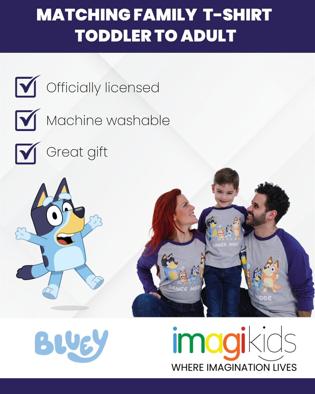 Bluey Adult Men or Women Long Sleeve Raglan Tee Heather Gray Navy