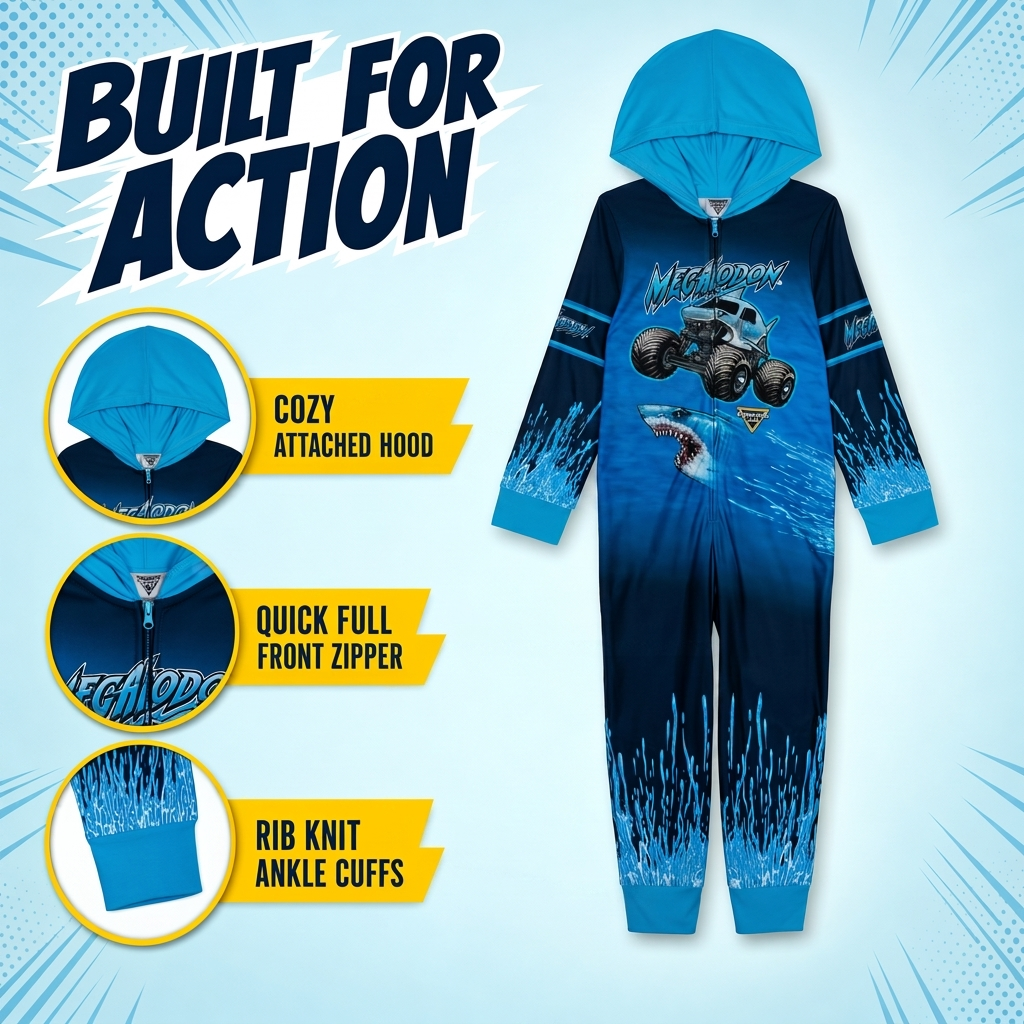 Monster Jam Megalodon Boys' Fleece Hooded One Piece Blue