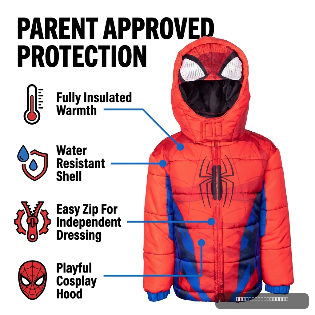 Marvel Spider-Man Boys' Hooded Zip-Up Puffer Jacket Red Blue