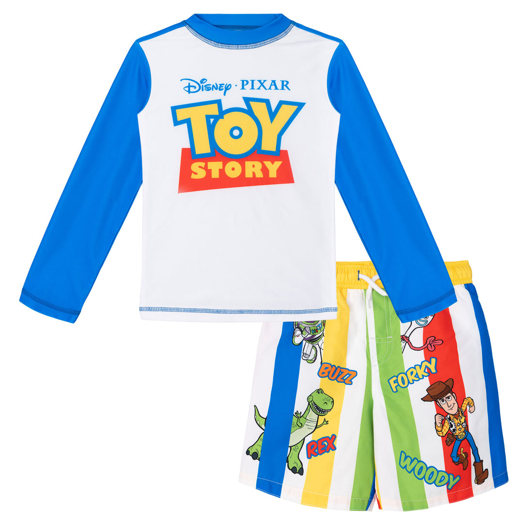 Disney Toy Story 2-Piece Swimwear Rash Guard and Swim Trunks Set Blue Multi
