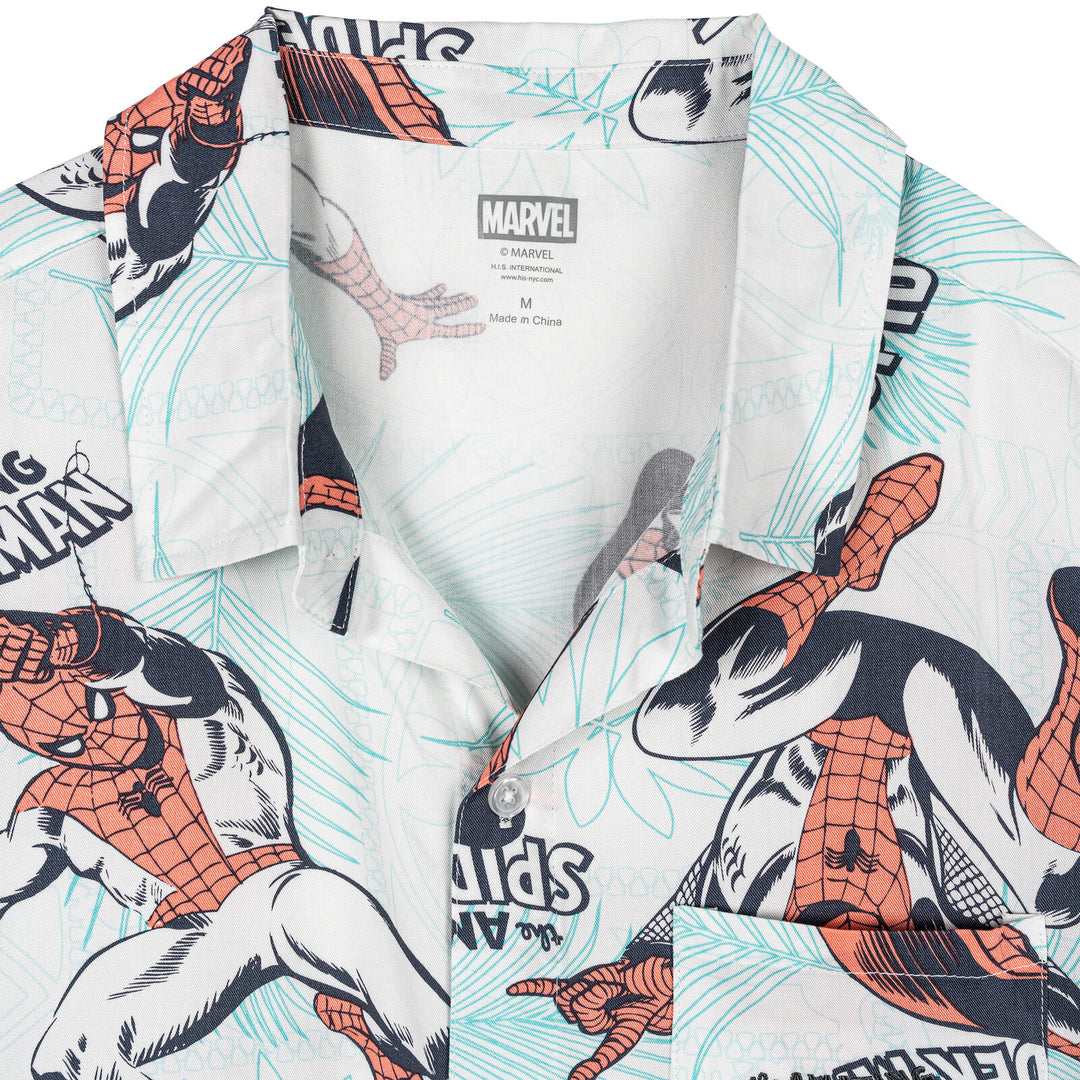 Marvel Spider-Man Men's Hawaiian Short Sleeve Button Down Shirt White