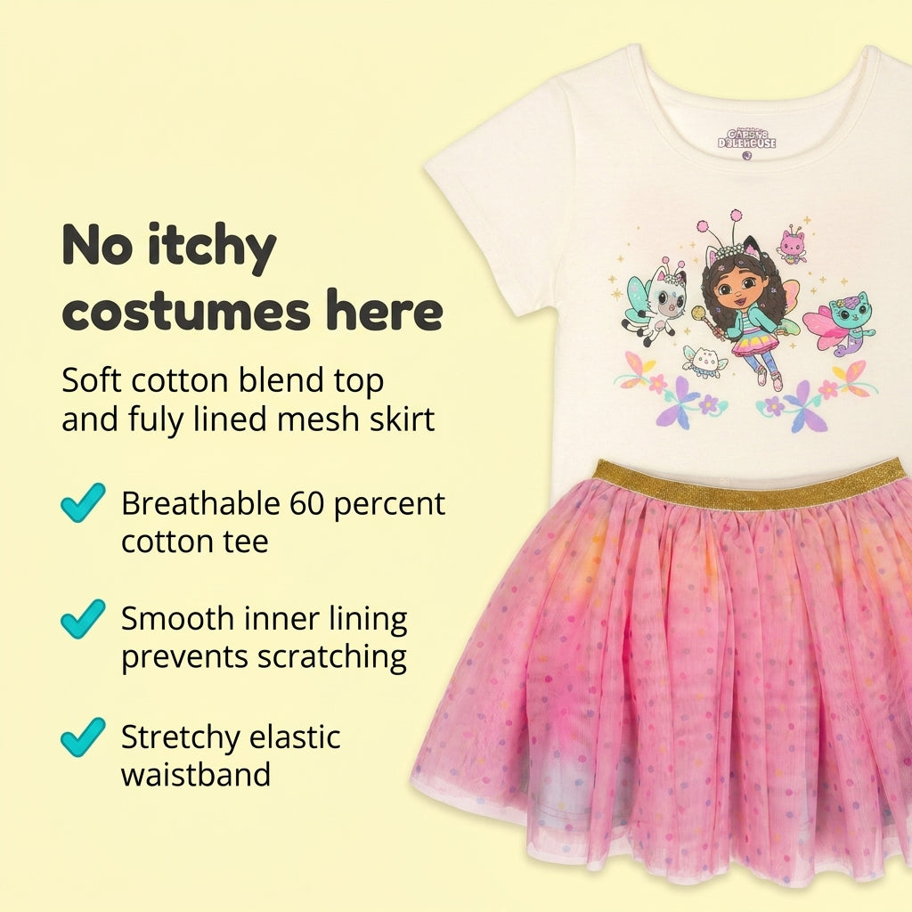 Gabby's Dollhouse T-Shirt and Tutu Skirt Set with Scrunchie Tusk Rainbow Polka