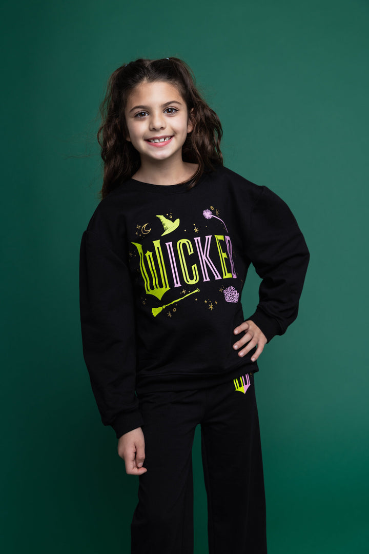 Wicked 2-Piece Fleece Sweatshirt and Flare Leggings Set Black Neon Sparkle
