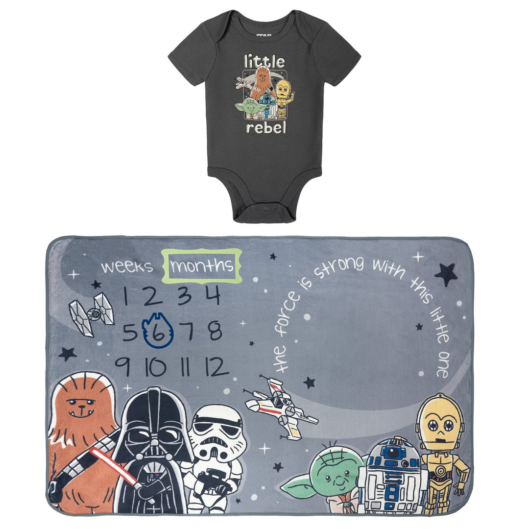 Star Wars Baby Boy or Girl New Baby 4-Piece Bodysuit and Blanket Set Cool Gray