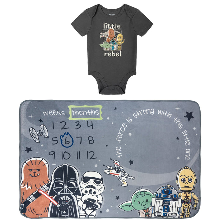 Star Wars Baby Boy or Girl New Baby 4-Piece Bodysuit and Blanket Set Cool Gray